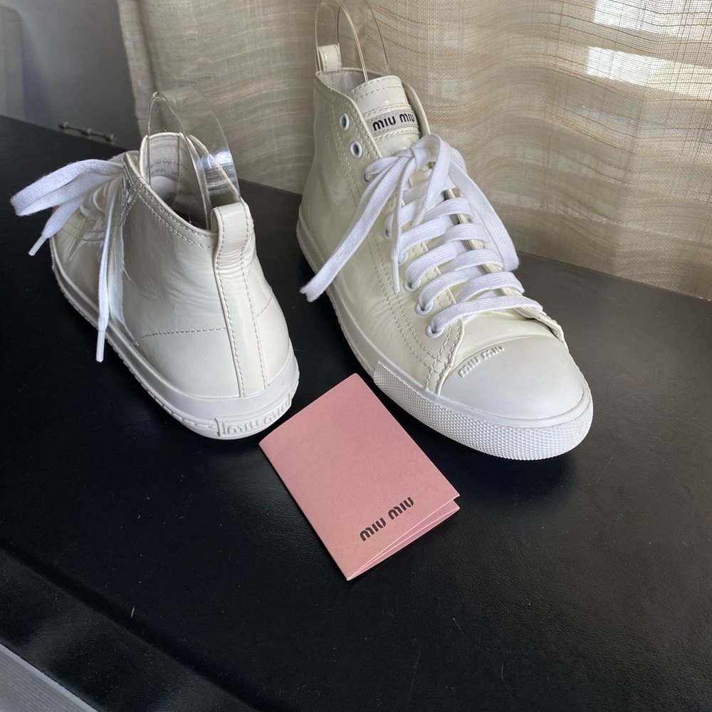 Miu Miu Off-White Patent leather hi top Sneakers rubber shoes 36.5 6.5 boots